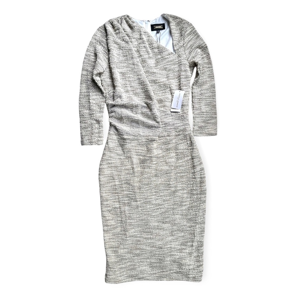 NWT Alexia Admor Textured Gray Asymmetrical Ruched 3/4 Sleeve Dress, sz XS